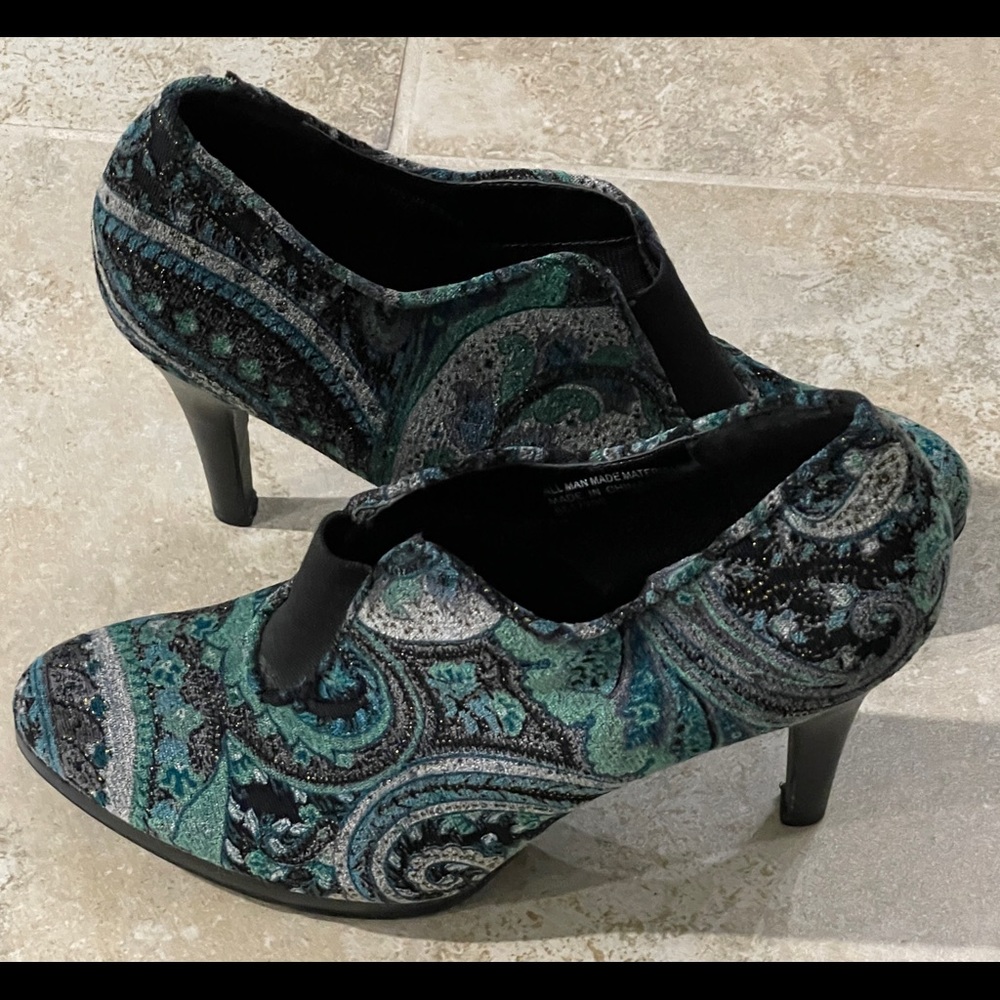 Diba paisley teal boho retro tapestry booties.